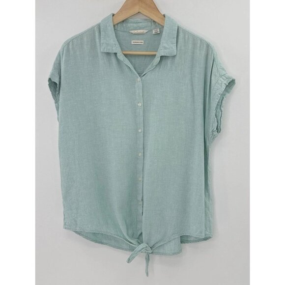 Weatherproof Linen Blend Tie Waist Button Front Blouse Sz L Beach Coastal Preppy - Picture 1 of 8